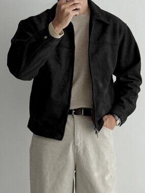 Black Casual Men's Faux Suede Fleece Jacket